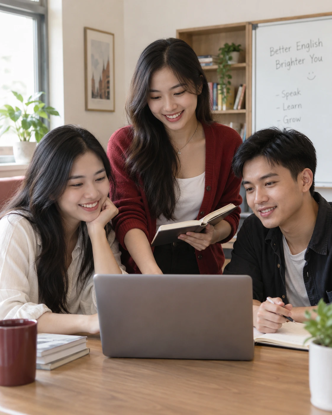 Nhóm học viên trao đổi bài học tiếng Anh trong lớp