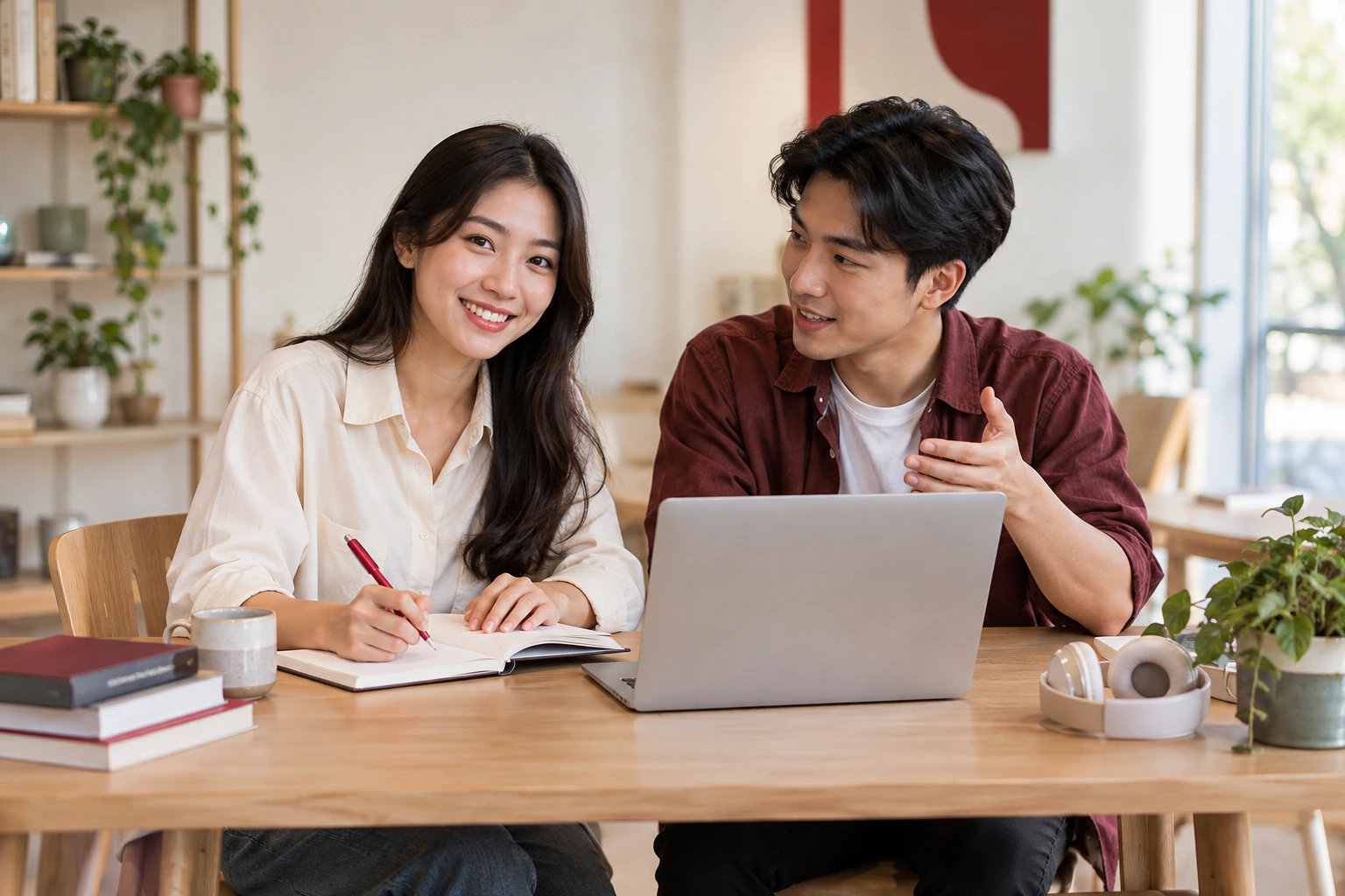 Hai học viên cùng học tiếng Anh tại bàn học