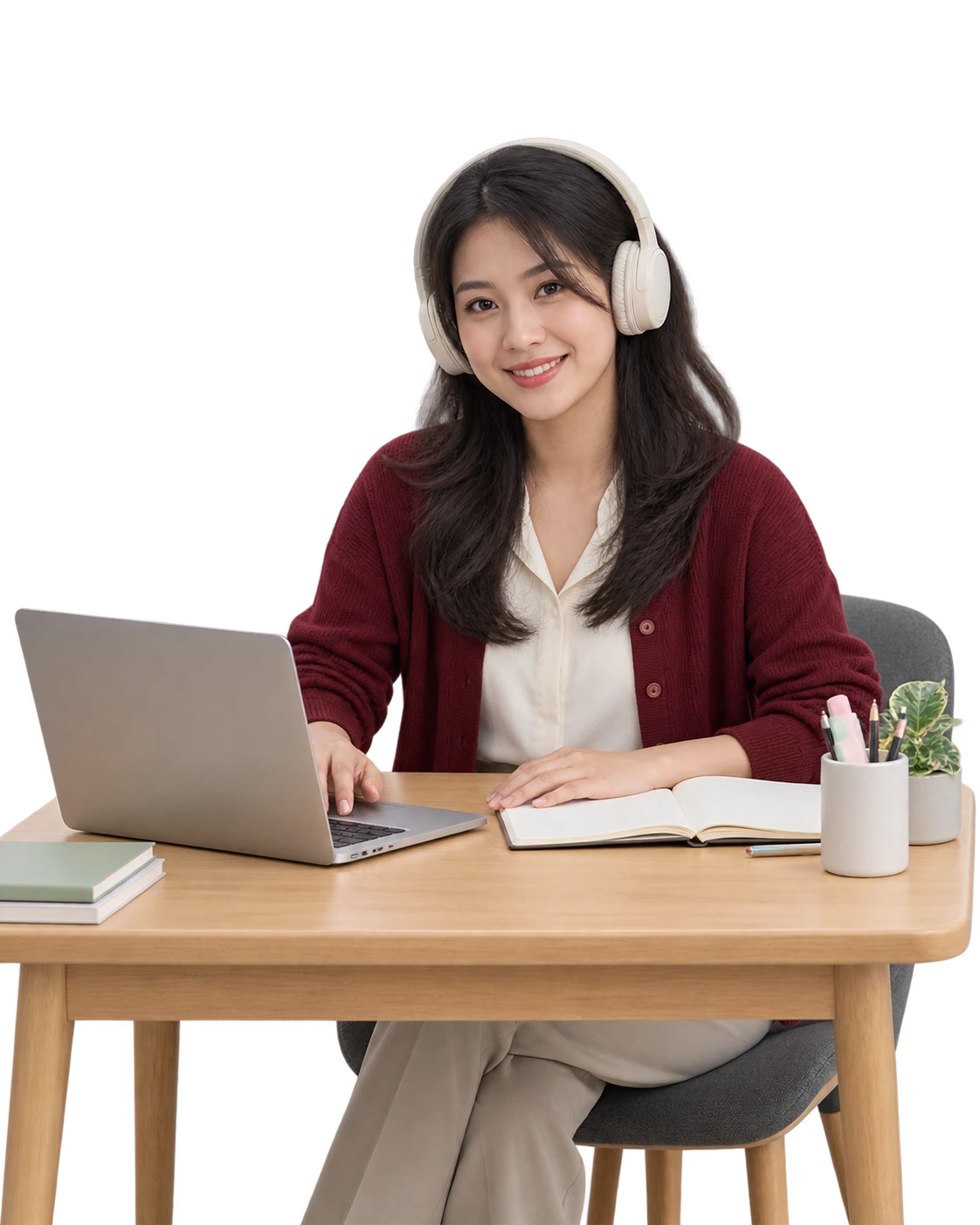 Học viên đeo tai nghe và học tiếng Anh trên máy tính